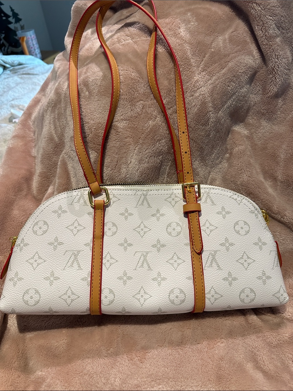 White Monogram Shoulder Bag with Tan Straps
